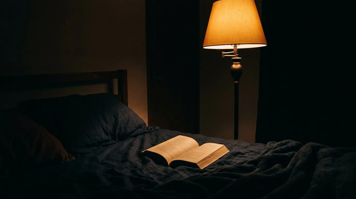 A warm amber floor lamp casting soft light on an open paperback resting on dark bedsheets