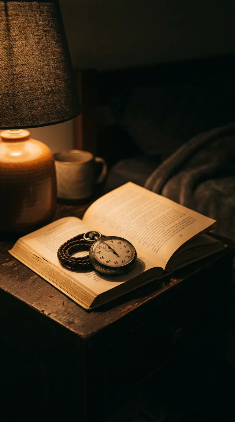 Stopwatch resting on an open paperback under lamp light