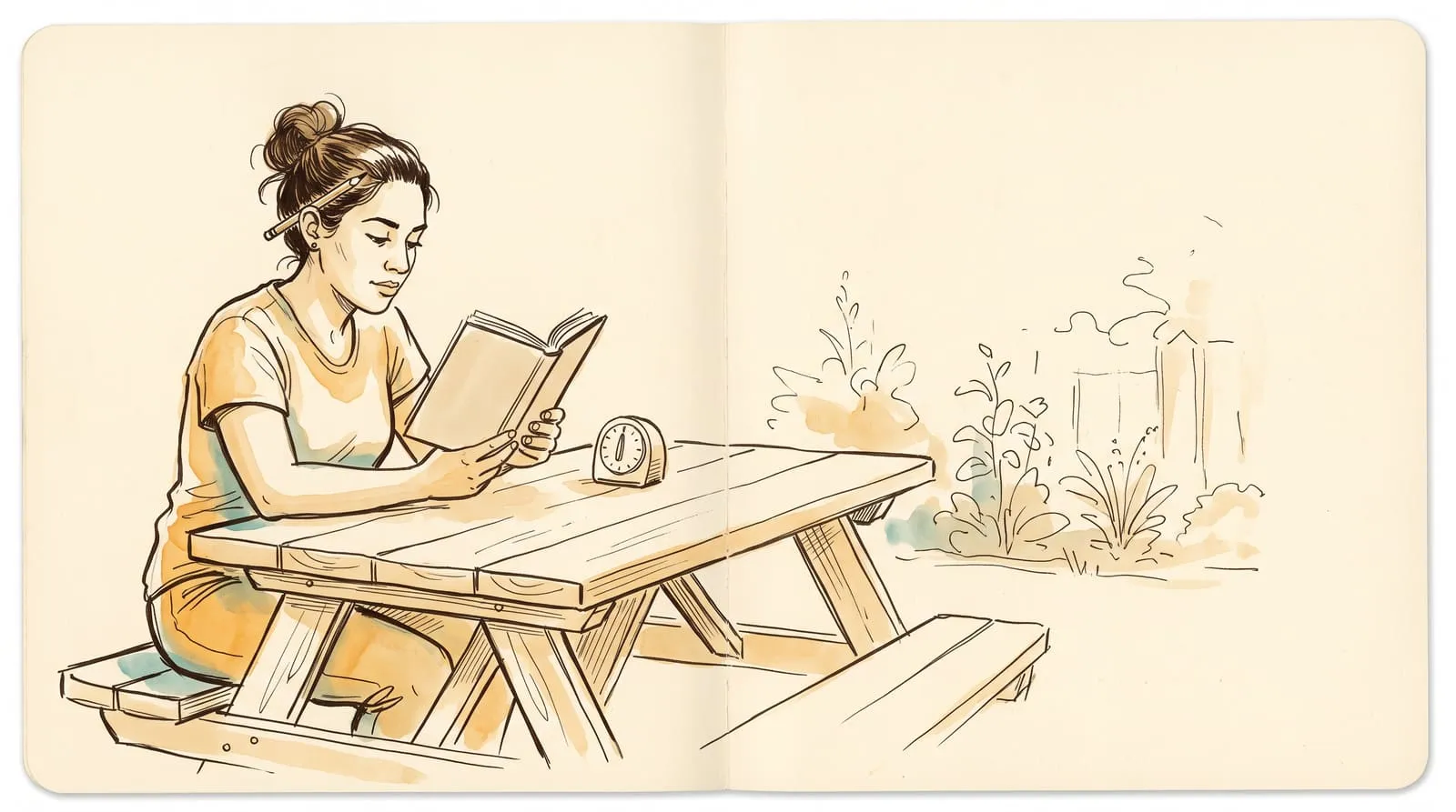 Ink and watercolour sketch of a woman reading at a garden picnic table beside a kitchen timer