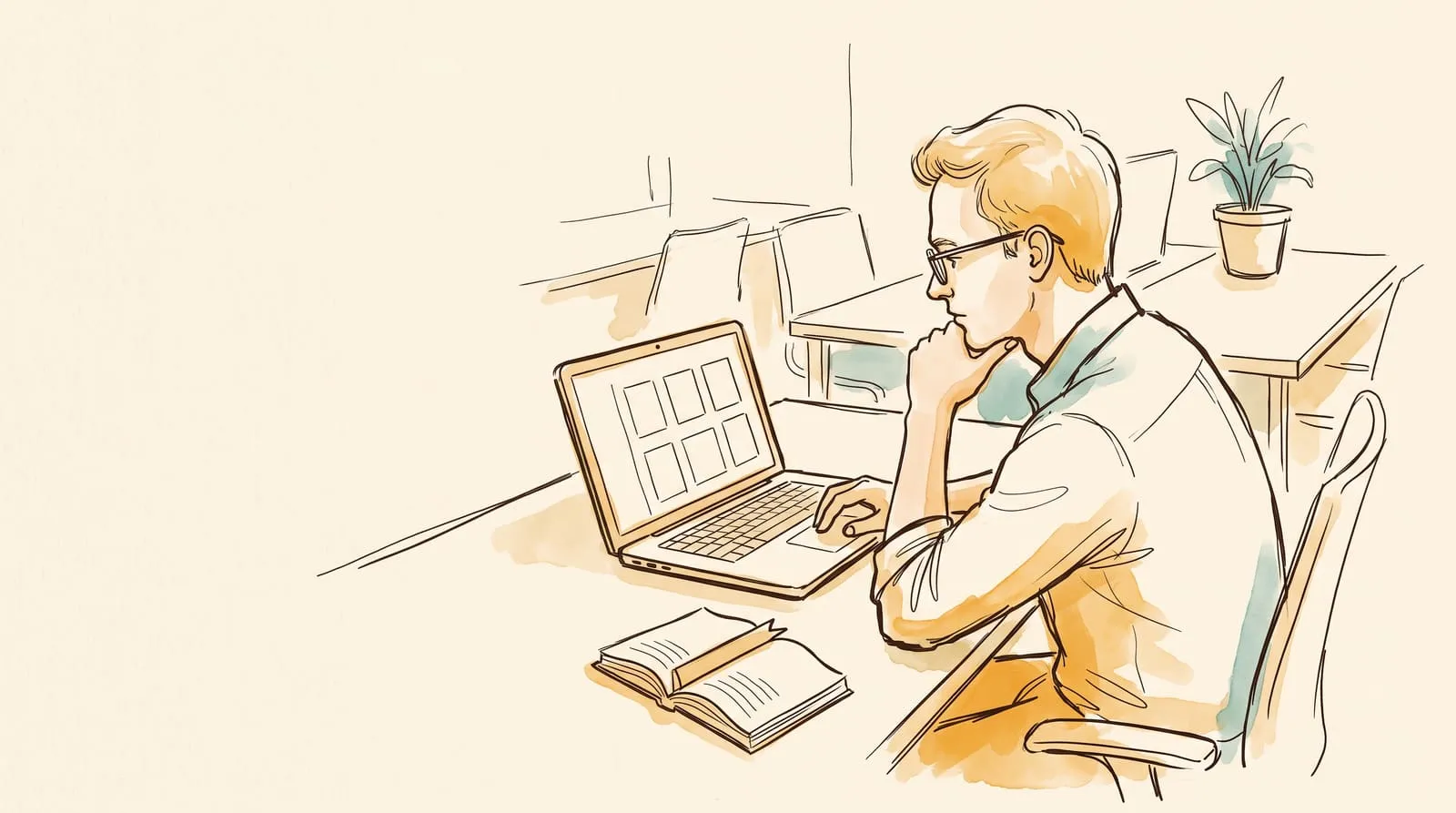 Ink and watercolour sketch of a man staring at an empty grid on his laptop beside an untouched paperback