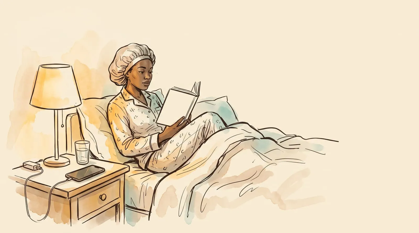 Ink and watercolour sketch of a woman reading in bed while her phone charges face down on the nightstand