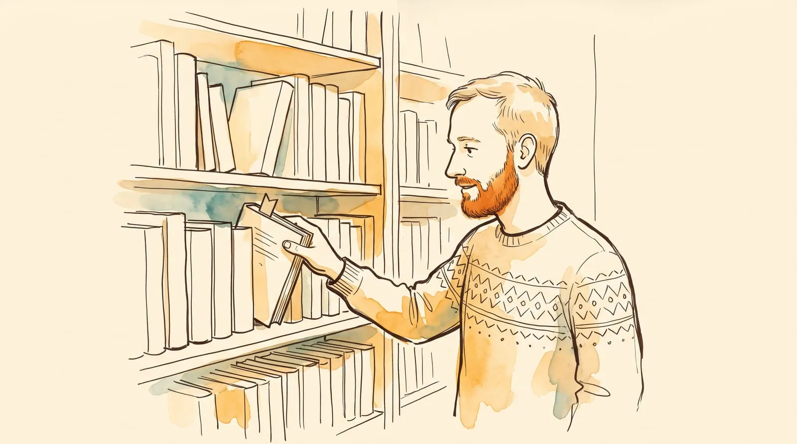 Ink and watercolour sketch of a man sliding a half-read book with a bookmark back onto his shelf
