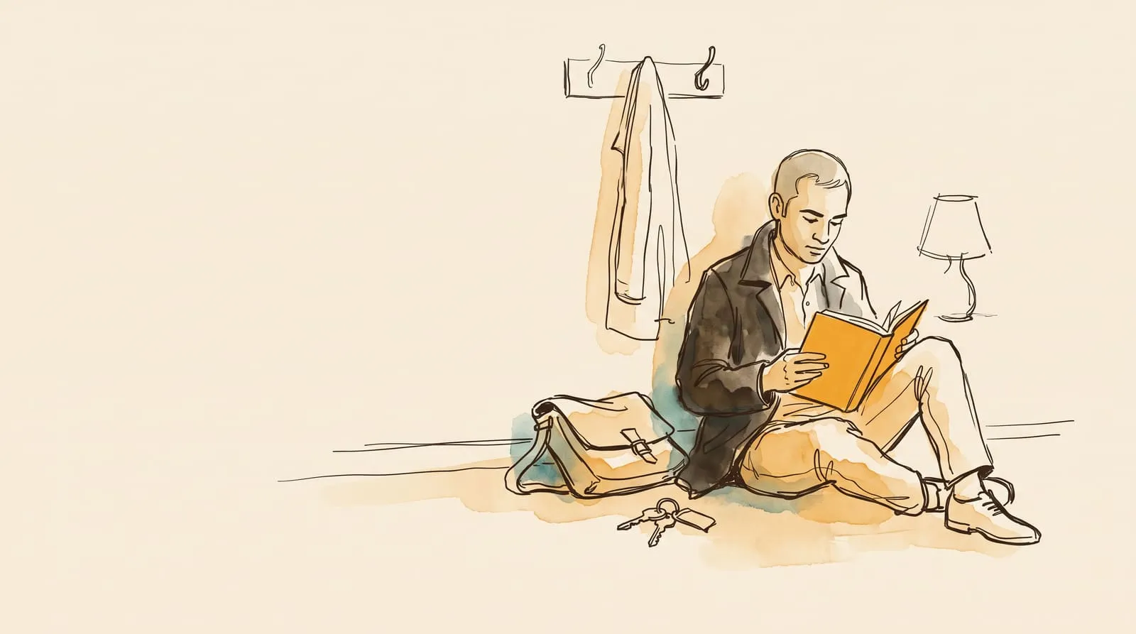 Ink and watercolour sketch of a man sitting on his entryway floor after work, reading again